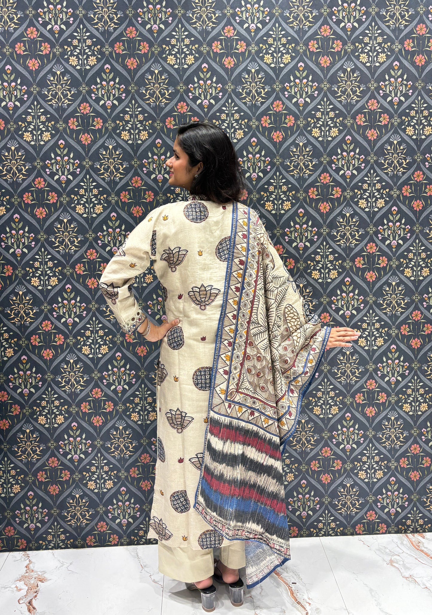 Cream Silk Beautiful Printed Dress with Nice Lace Design