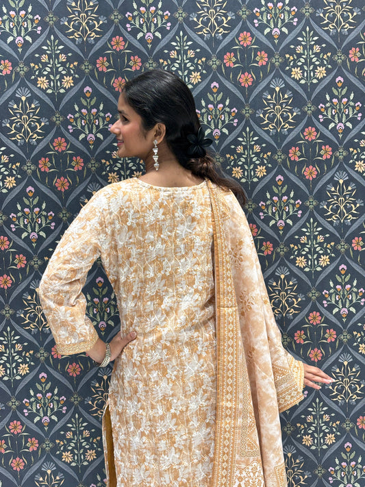 Chikan Work on Printed Cotton Dress with Beautiful Embroidered Work on Neckline