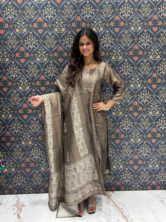 Chanderi Silk Dress with Work on Neckline with Beautiful Batic Print Dupatta