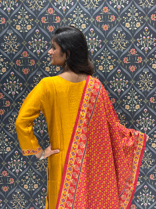 Muslin Dress with Patola Neckline and Beautiful Patola Printed Dupatta