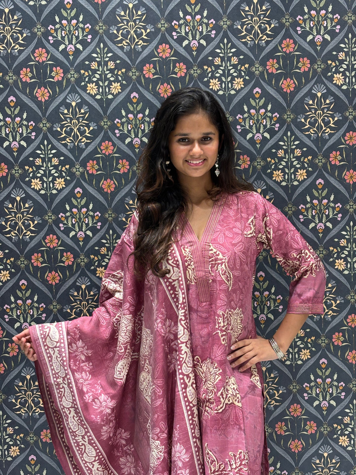 Printed Magenta Dress with Beautiful Neckline