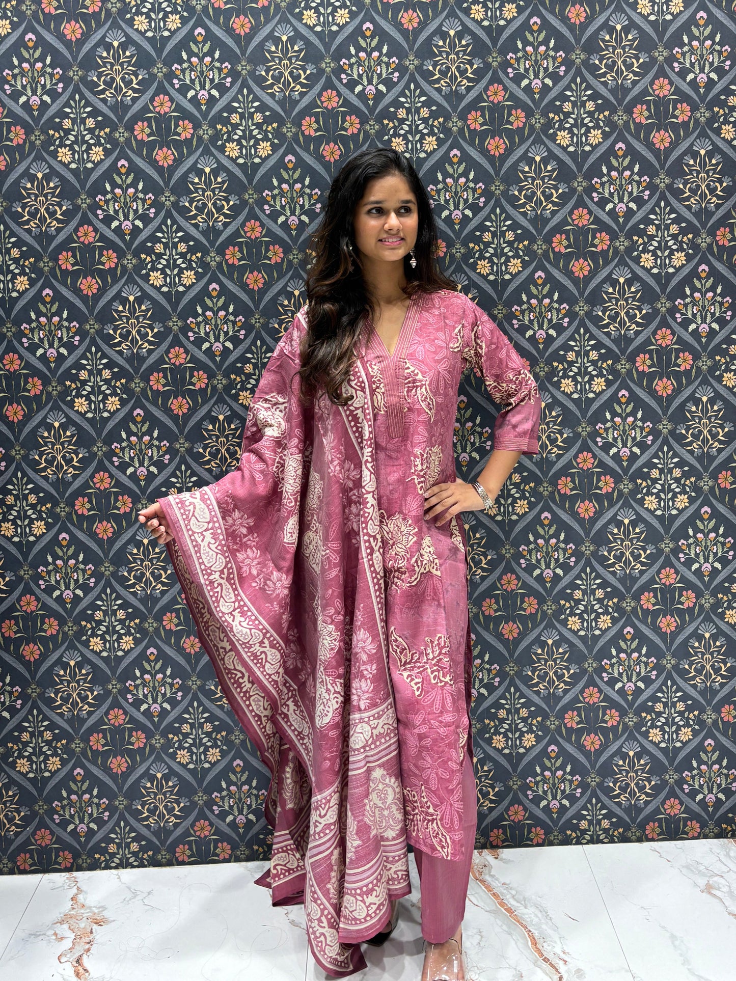 Printed Magenta Dress with Beautiful Neckline