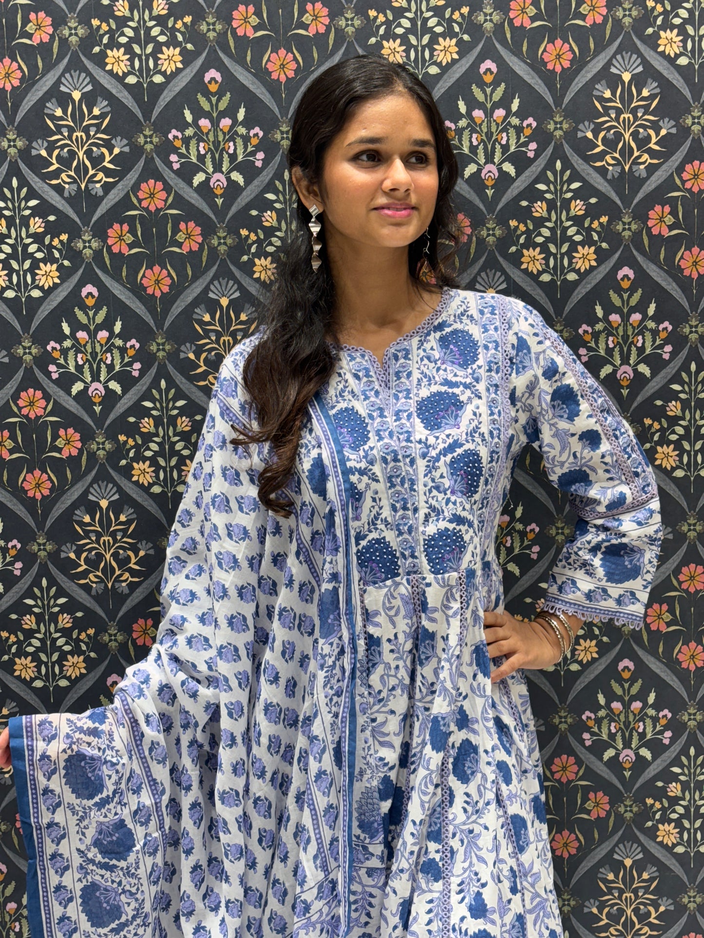 White and Blue Floral Graceful Cotton Anarkali Dress