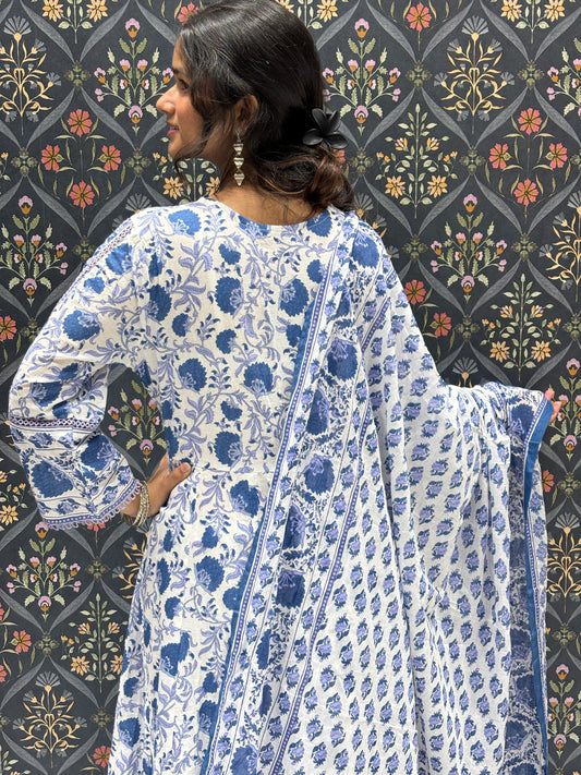 White and Blue Floral Graceful Cotton Anarkali Dress