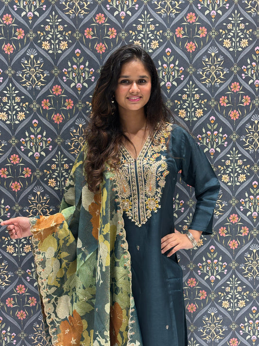 Silk Embroidered Dress with Fancy Tissue Dupatta