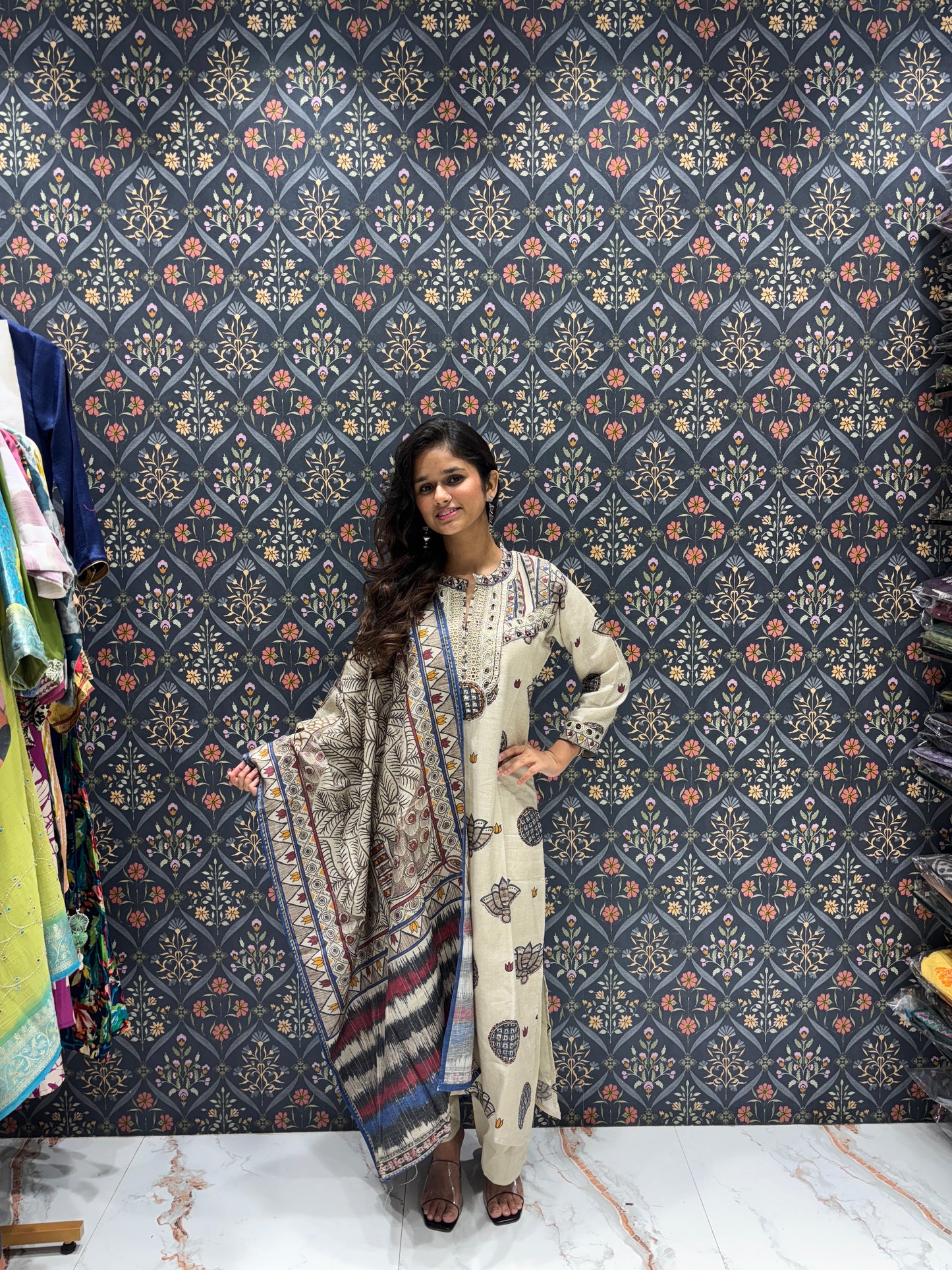 Cream Silk Beautiful Printed Dress with Nice Lace Design