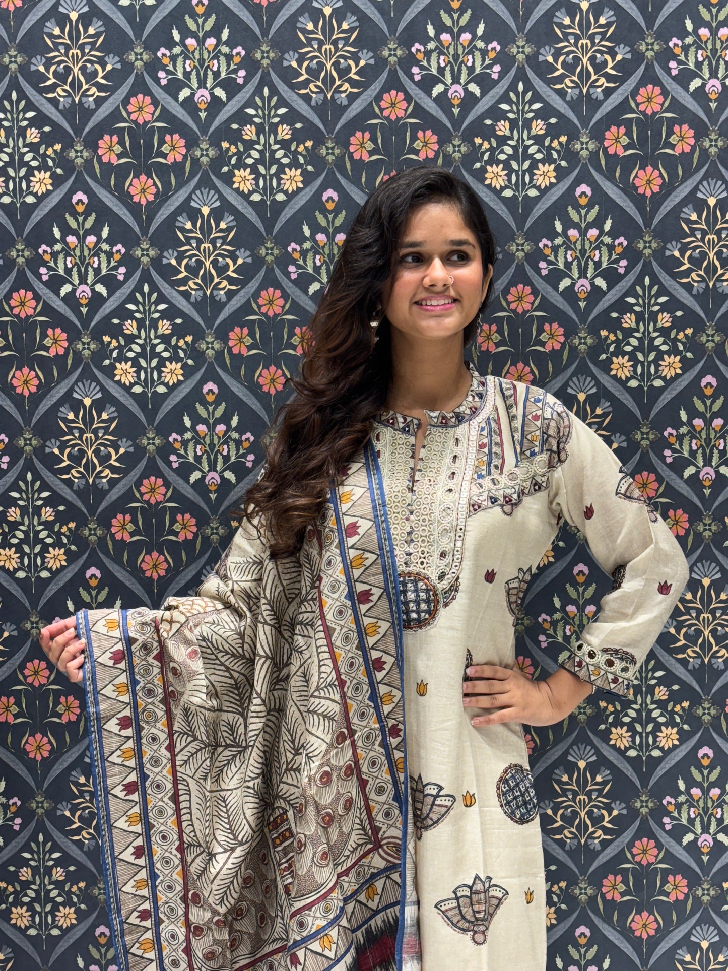 Cream Silk Beautiful Printed Dress with Nice Lace Design