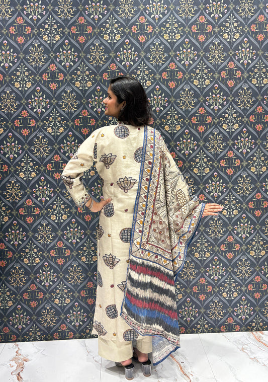 Cream Silk Beautiful Printed Dress with Nice Lace Design