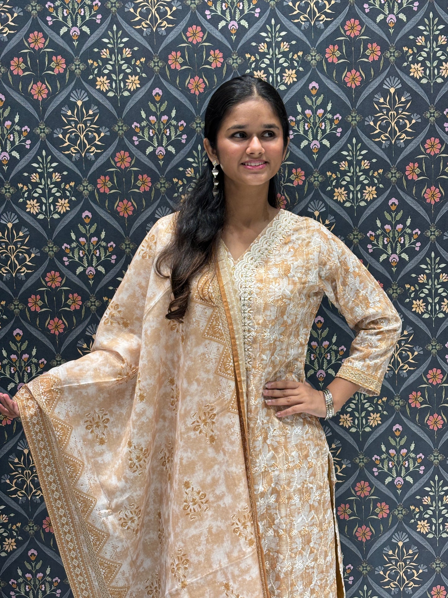 Chikan Work on Printed Cotton Dress with Beautiful Embroidered Work on Neckline