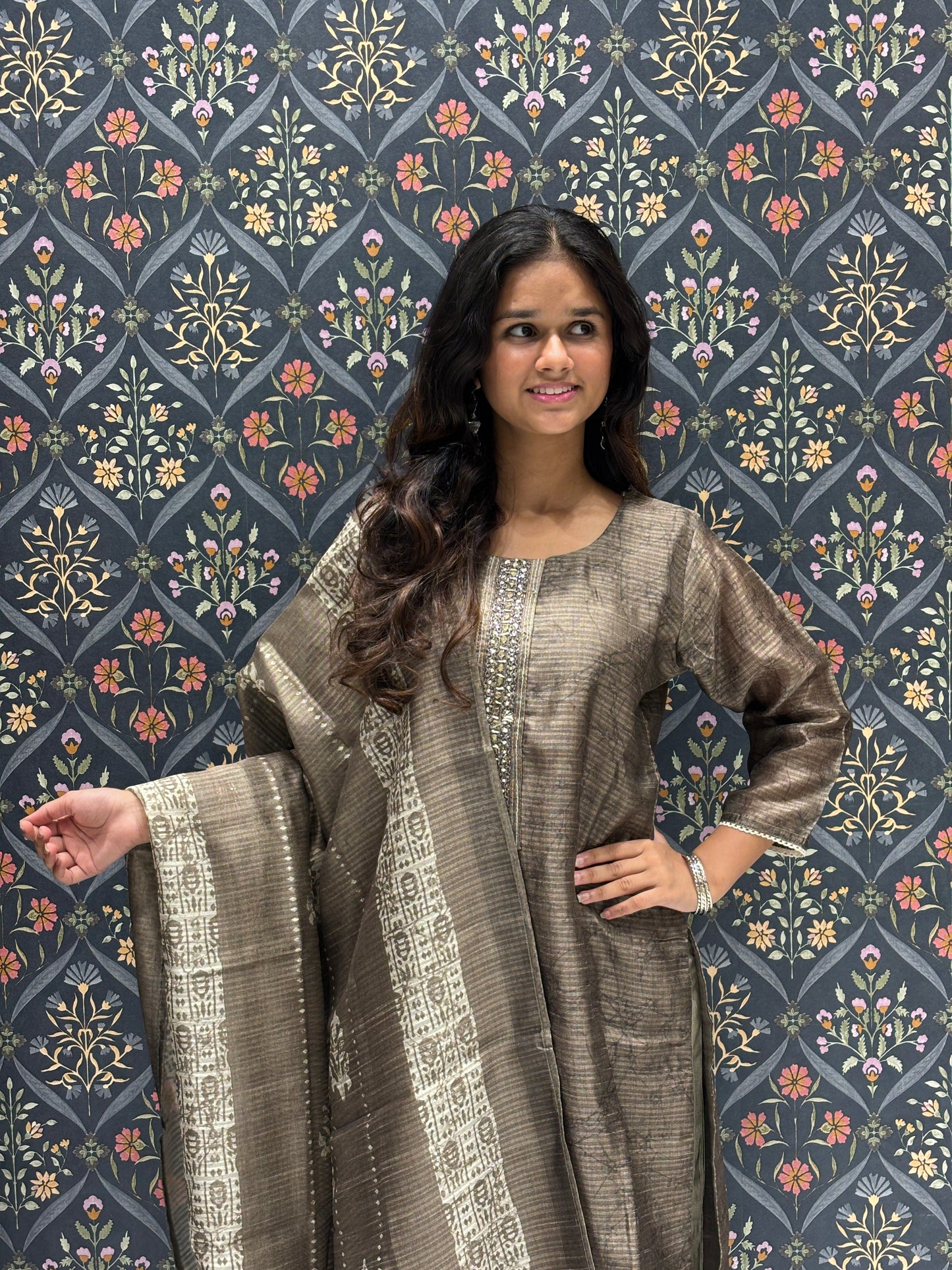 Chanderi Silk Dress with Work on Neckline with Beautiful Batic Print Dupatta