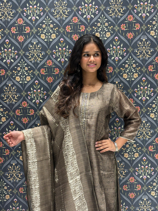 Chanderi Silk Dress with Work on Neckline with Beautiful Batic Print Dupatta