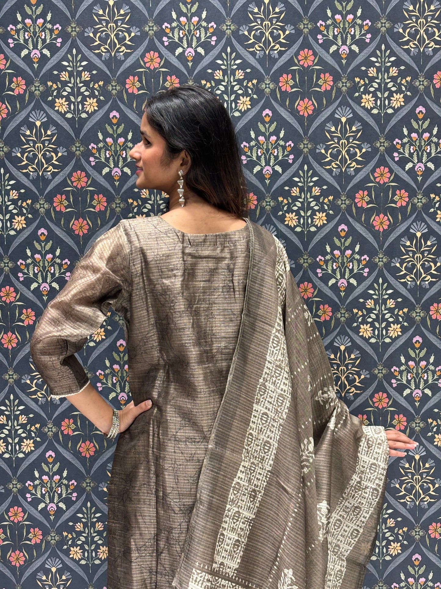 Chanderi Silk Dress with Work on Neckline with Beautiful Batic Print Dupatta