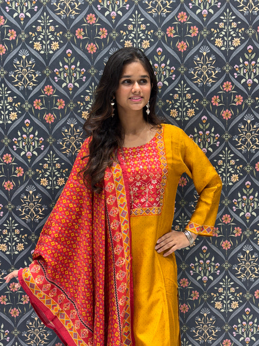 Muslin Dress with Patola Neckline and Beautiful Patola Printed Dupatta