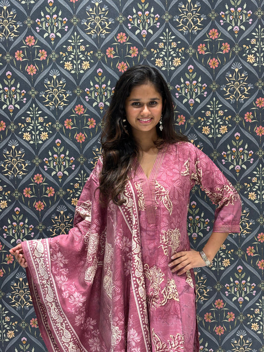 Printed Magenta Dress with Beautiful Neckline