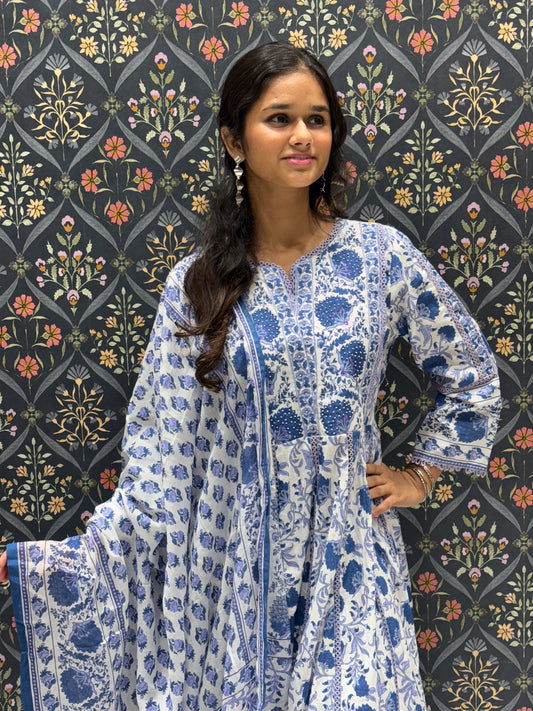 White and Blue Floral Graceful Cotton Anarkali Dress