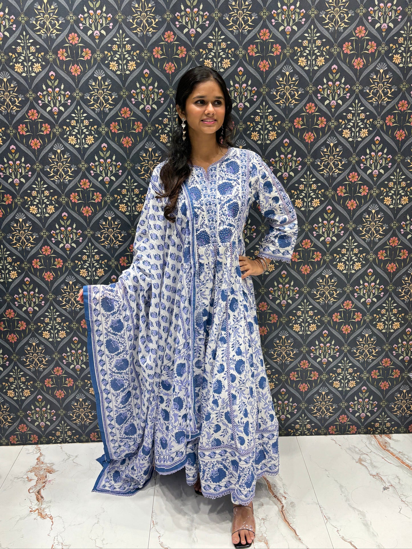 White and Blue Floral Graceful Cotton Anarkali Dress